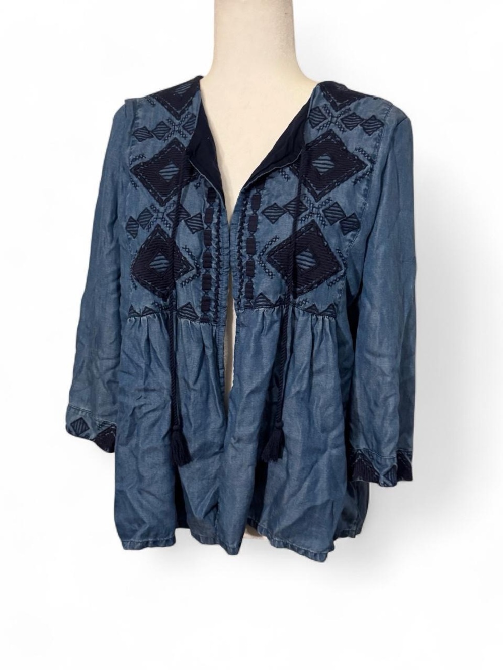 Lucky Brand Blue Embroidered Tassel Jacket